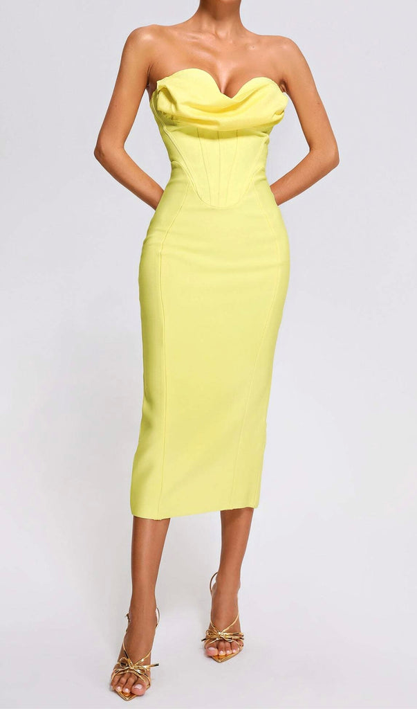 Yellow Strapless Bandage Midi Dress-Dresses-Oh CICI SHOP