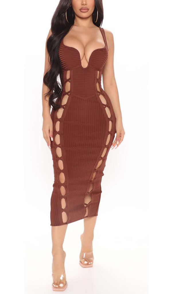 CUT OUT FAUX LACE UP MIDI DRESS DRESS OH CICI