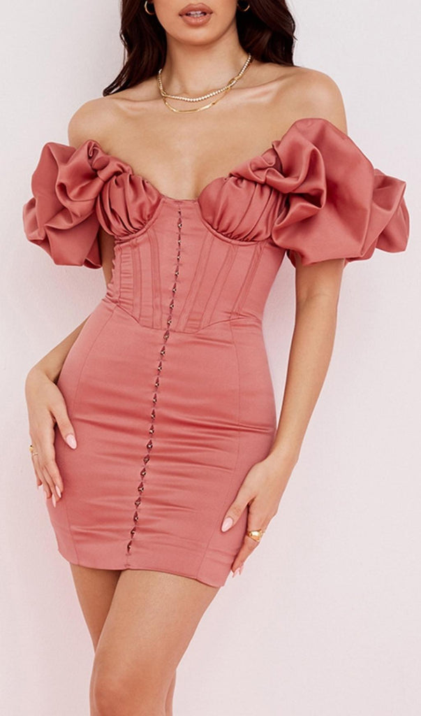 SATIN RUFFLE STRAPLESS MINI DRESS IN ROSE PINK-Dresses-Oh CICI SHOP