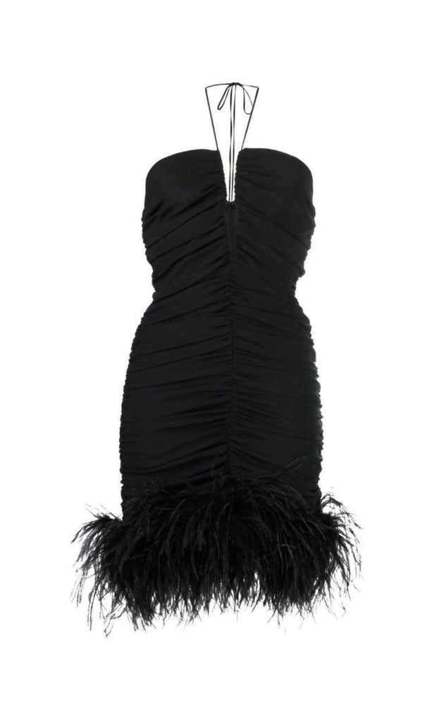 SEXY STRETCH OFF-SHOULDER FEATHER MINI DRESS IN BLACK-Oh CICI SHOP