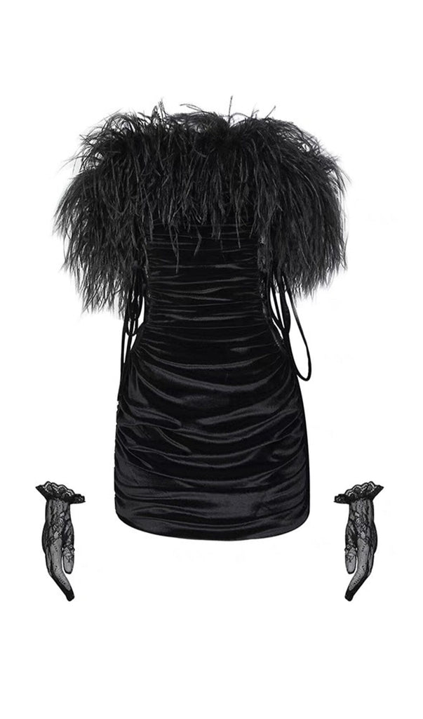 VELVET OFF-SHOULDER FEATHER MINI DRESS IN BLACK-Oh CICI SHOP