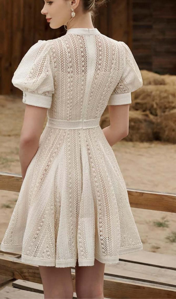 FLARED PUFFY SLEEVED LACE MINI DRESS IN WHITE DRESS OH CICI