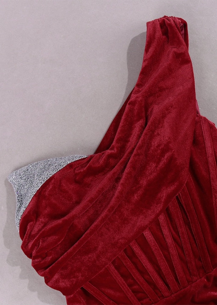 One Shoulder Contrast Sequins Split Thigh Velvet Dress-Oh CICI SHOP