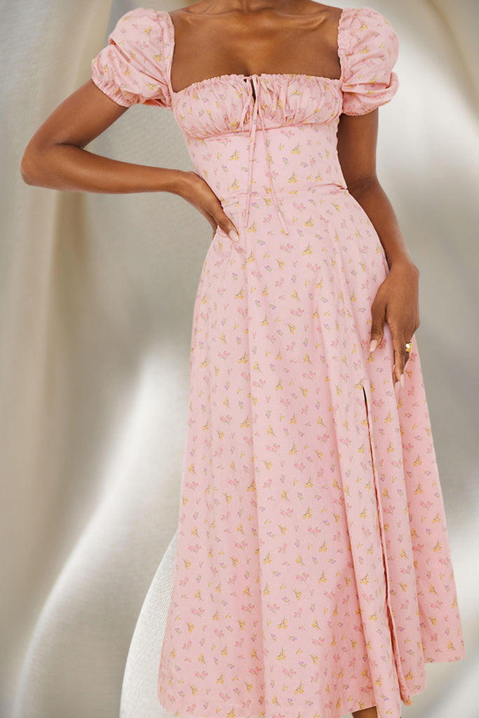PINK FLORAL PUFF SLEEVE MAXI DRESS-Dresses-Oh CICI SHOP