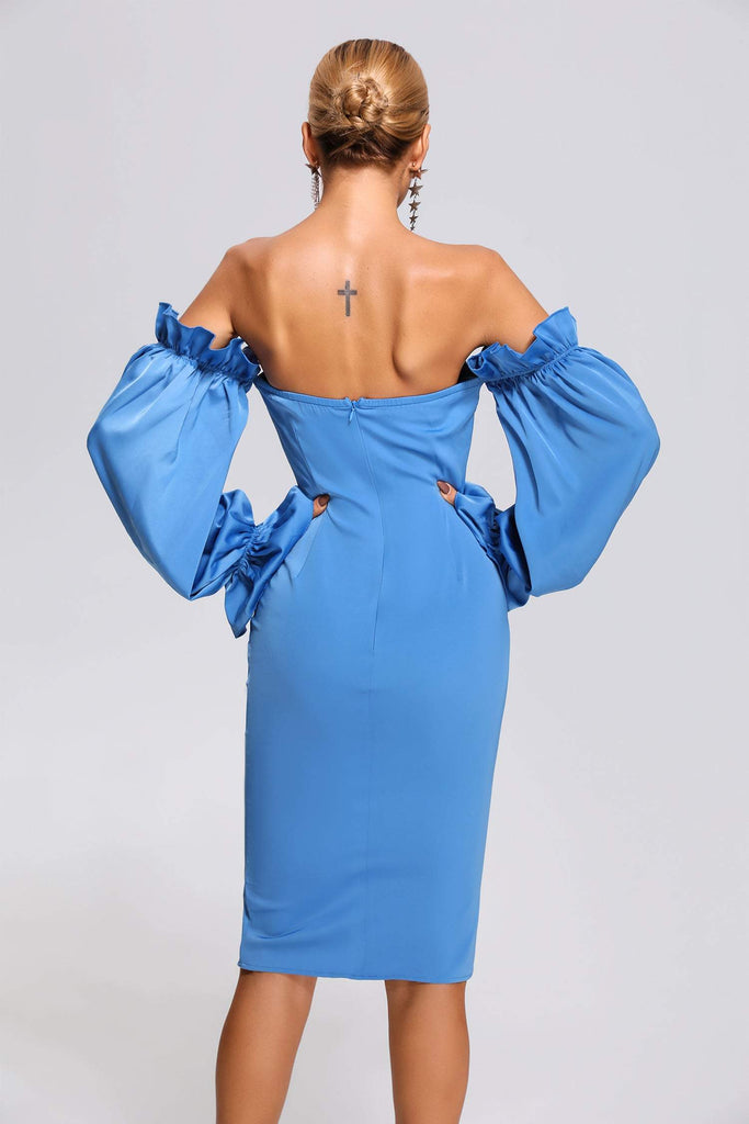 Blue Off Shoulder Satin Midi Dress-Dresses-Oh CICI SHOP