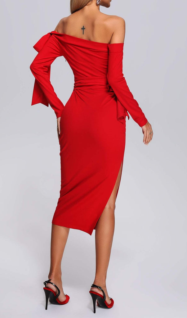 SUSA OFF SHOULDER MIDI DRESS IN RED-Dresses-Oh CICI SHOP