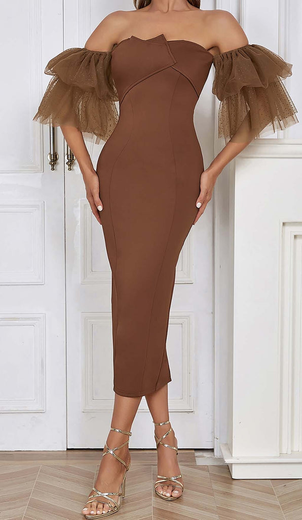 OFF-SHOULDER RUFFLED MIDI DRESS IN BROWN DRESS OH CICI