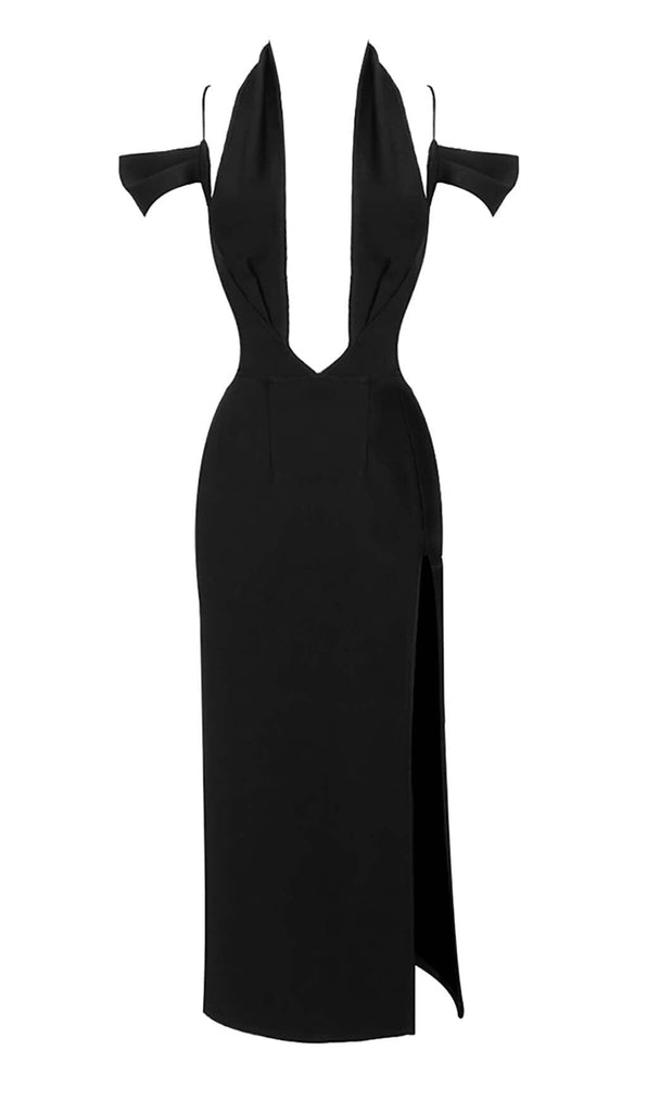 OFF THE SHOULDER HALTER MIDI DRESS IN BLACK DRESS OH CICI