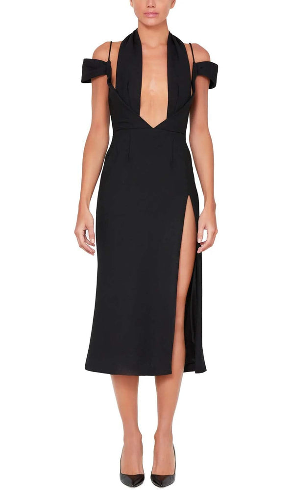 OFF THE SHOULDER HALTER MIDI DRESS IN BLACK DRESS OH CICI