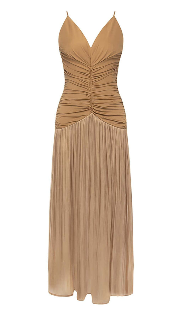 PLEATED STRAPPY MIDI DRESS IN BROWN DRESS OH CICI