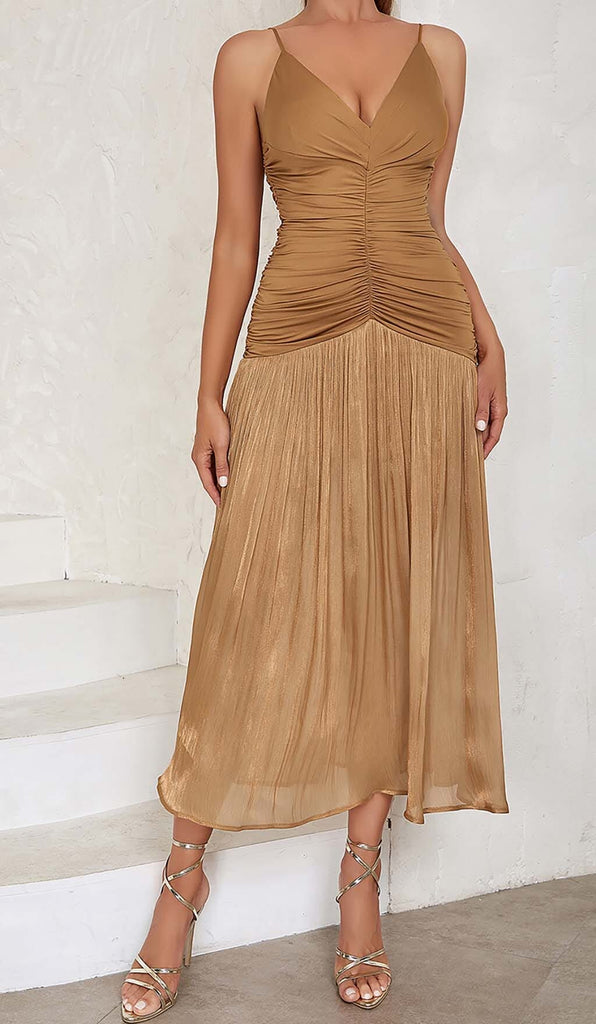 PLEATED STRAPPY MIDI DRESS IN BROWN DRESS OH CICI