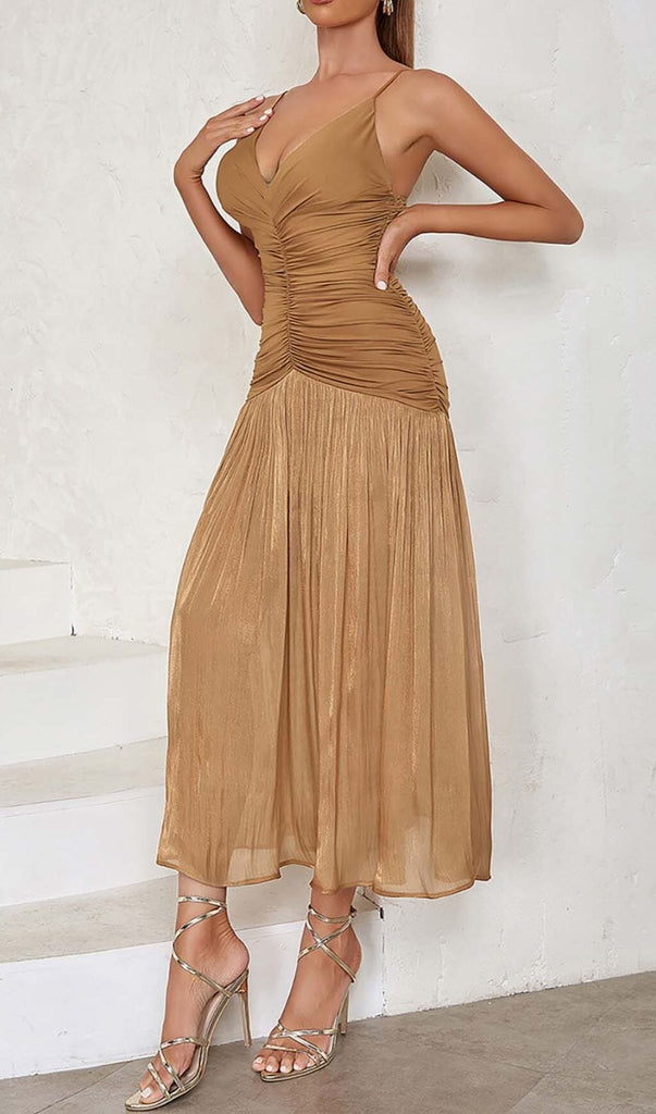 PLEATED STRAPPY MIDI DRESS IN BROWN DRESS OH CICI