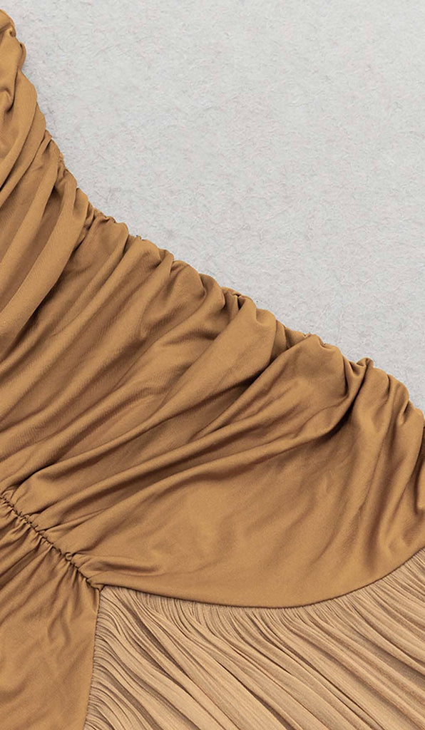 PLEATED STRAPPY MIDI DRESS IN BROWN DRESS OH CICI