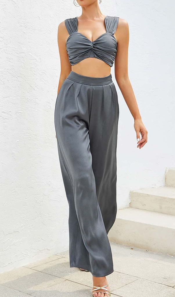 PLUNGE SATIN TWO-PIECE SUIT IN GRAY DRESS OH CICI