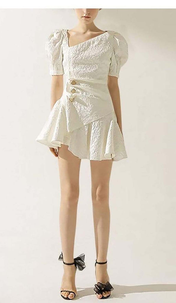 PUFFY SLEEVE BUTTON MINI DRESS IN WHITE DRESS OH CICI