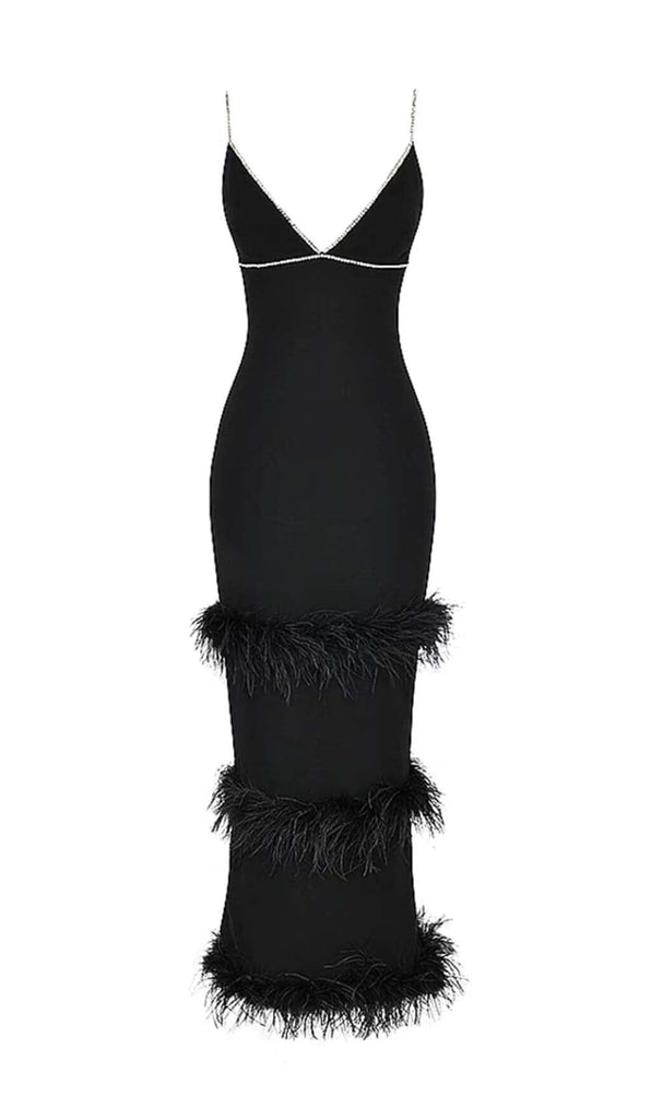 RHINESTONE TIERED FEATHER MIDI DRESS IN BLACK DRESS OH CICI