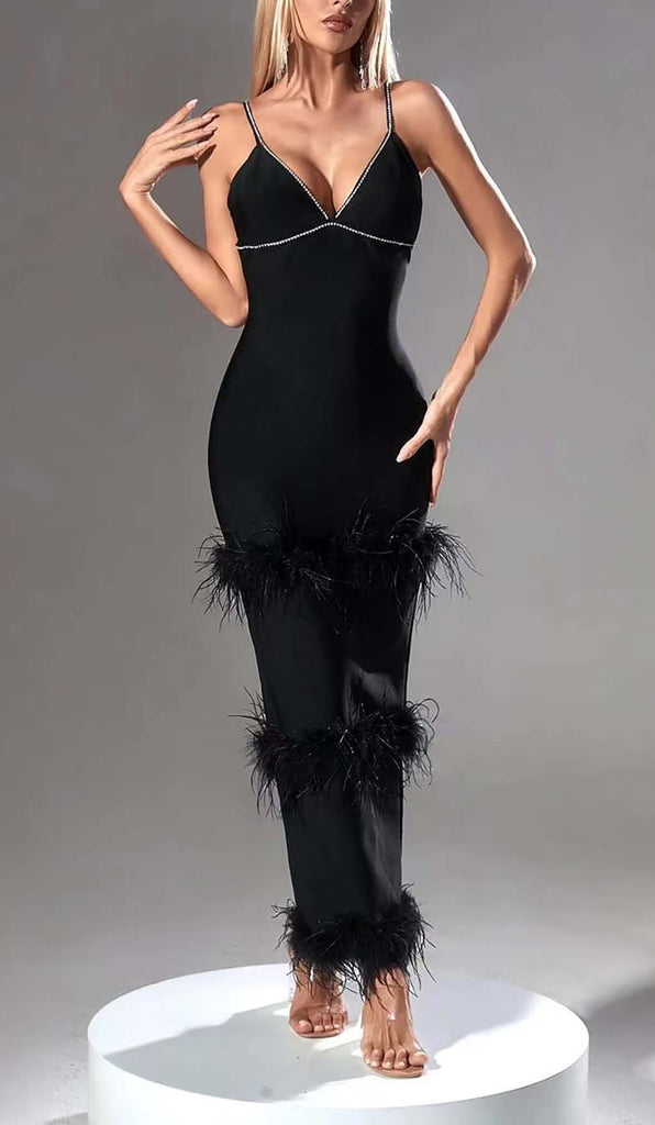 RHINESTONE TIERED FEATHER MIDI DRESS IN BLACK DRESS OH CICI