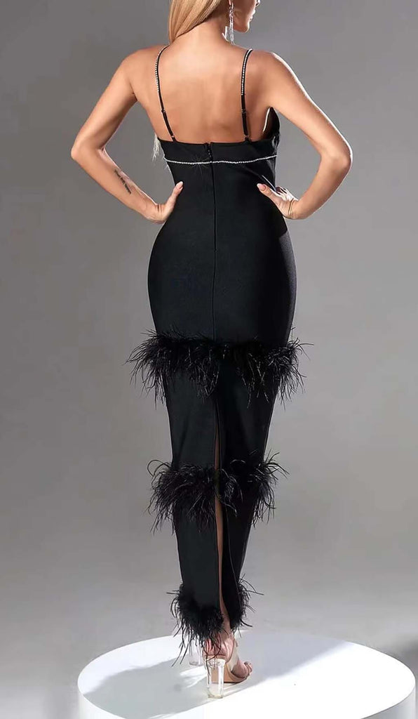 RHINESTONE TIERED FEATHER MIDI DRESS IN BLACK DRESS OH CICI