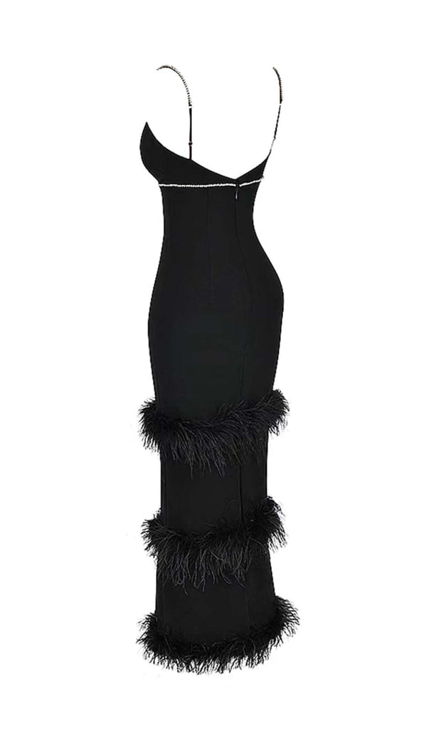 RHINESTONE TIERED FEATHER MIDI DRESS IN BLACK DRESS OH CICI