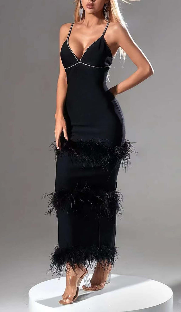 RHINESTONE TIERED FEATHER MIDI DRESS IN BLACK DRESS OH CICI