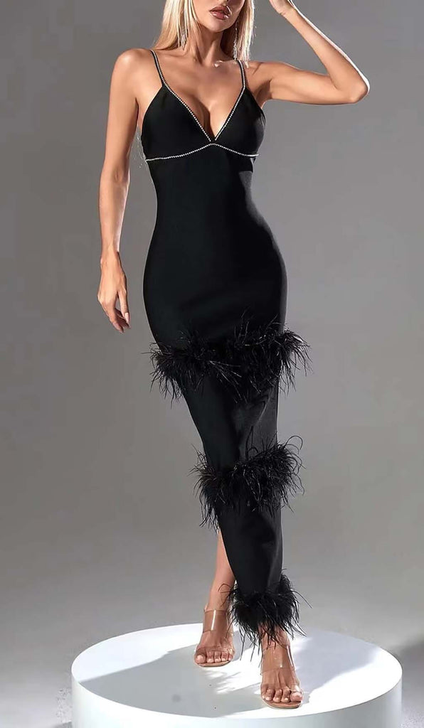 RHINESTONE TIERED FEATHER MIDI DRESS IN BLACK DRESS OH CICI