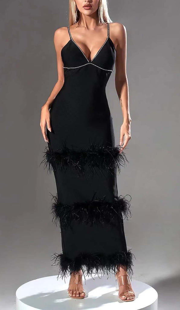 RHINESTONE TIERED FEATHER MIDI DRESS IN BLACK DRESS OH CICI