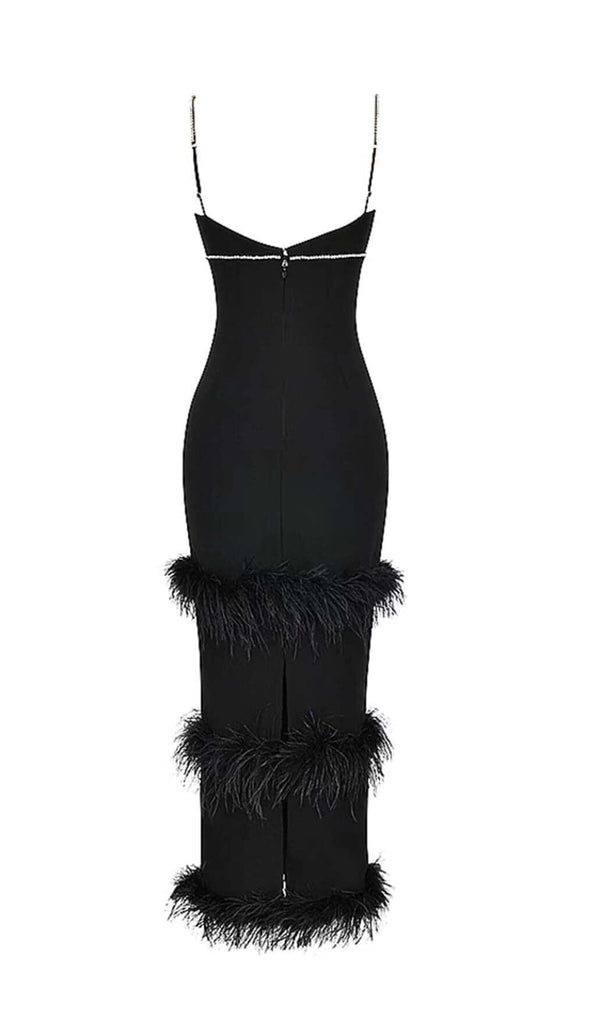 RHINESTONE TIERED FEATHER MIDI DRESS IN BLACK DRESS OH CICI