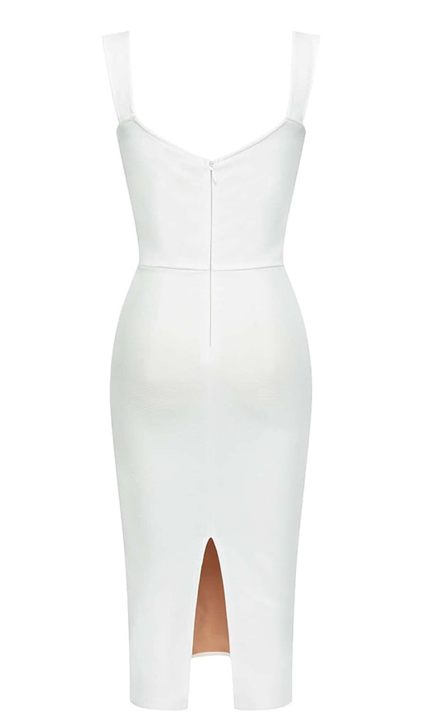 RUCHED BUSTIER MESH MIDI DRESS IN WHITE DRESS OH CICI
