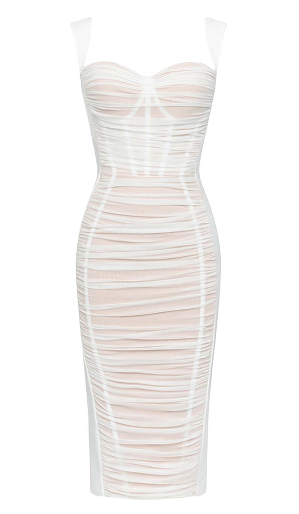 RUCHED BUSTIER MESH MIDI DRESS IN WHITE DRESS OH CICI