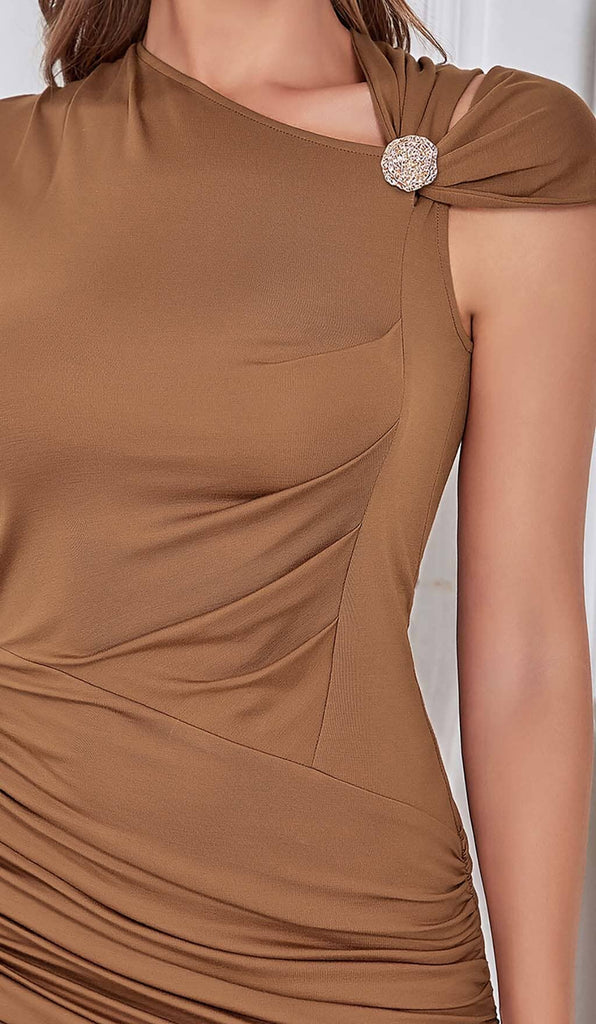 RUCHED SATIN MIDI DRESS IN BROWN DRESS OH CICI