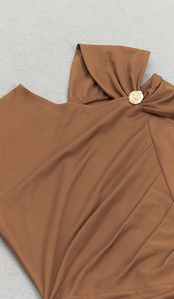 RUCHED SATIN MIDI DRESS IN BROWN DRESS OH CICI