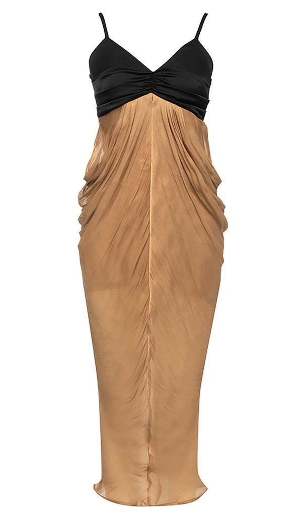 RUCHED STRAPPY MIDI DRESS IN BROWN DRESS OH CICI