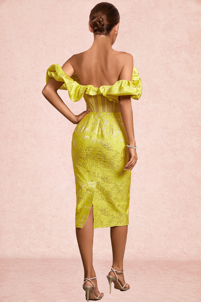 YELLOW OFF SHOULDER PLEATED MIDI BODYCON DRESS-Dresses-Oh CICI SHOP