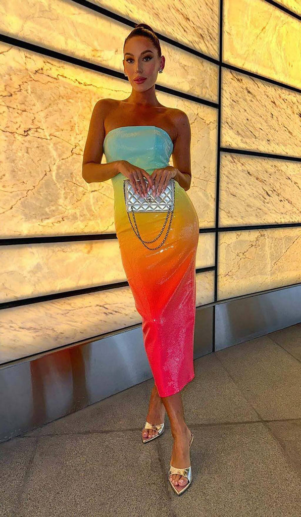 STRAPLESS SEQUIN OMBRE MAXI DRESS IN MULTI-COLOR DRESS OH CICI
