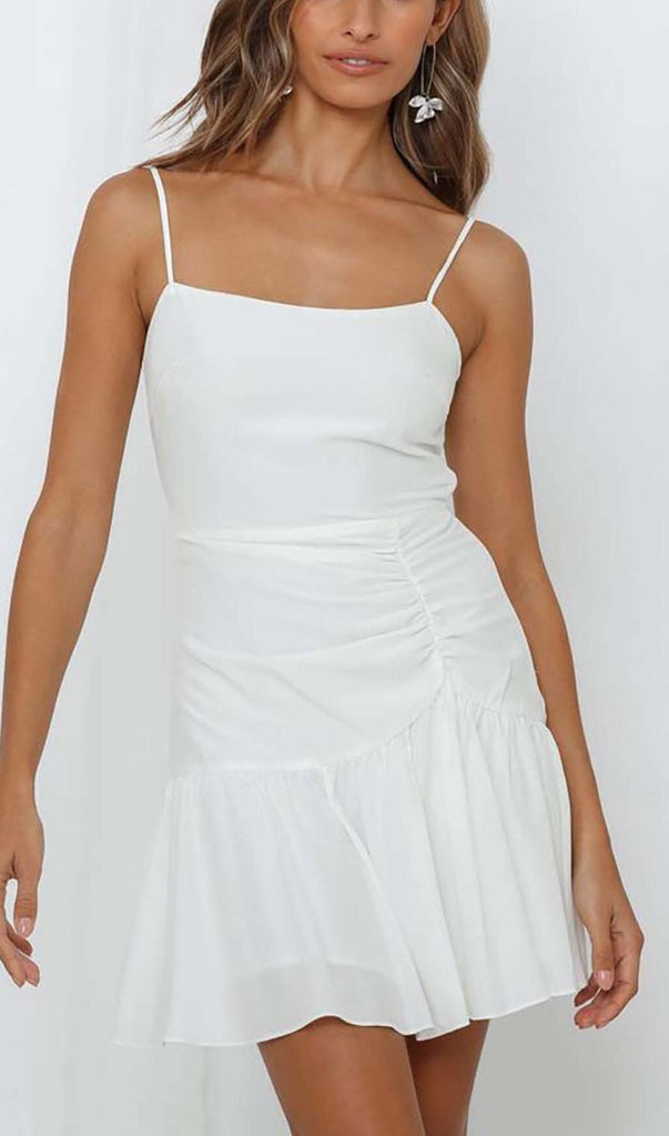 STRAPPY RUFFLED MINI DRESS IN WHITE OH CICI