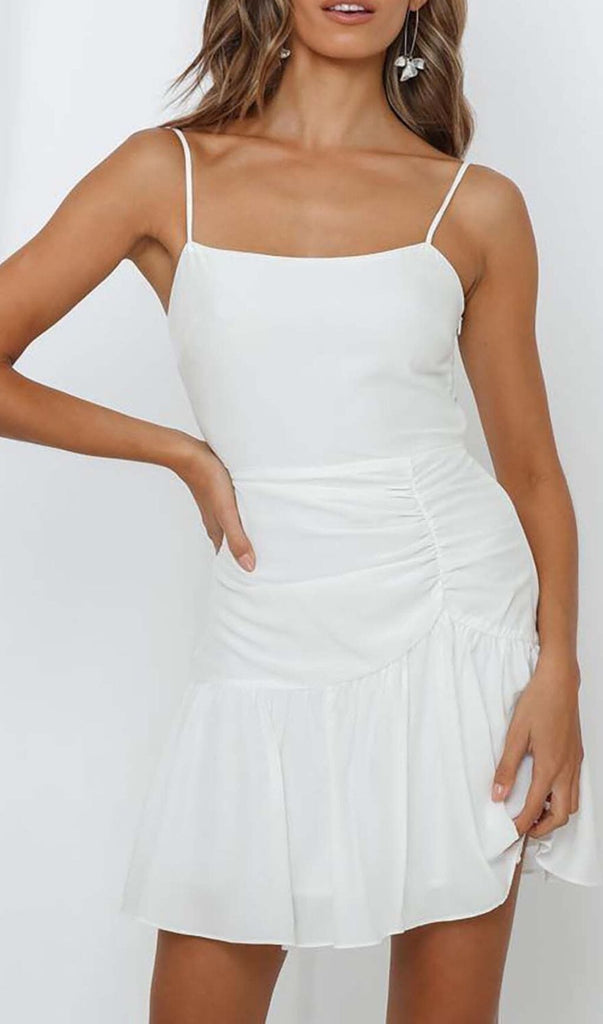 STRAPPY RUFFLED MINI DRESS IN WHITE OH CICI